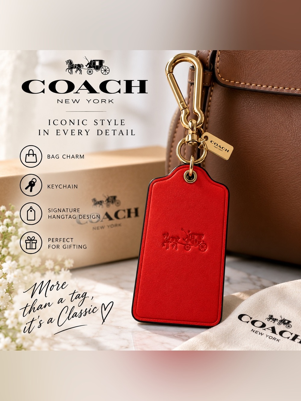 Coach Red Leather Oversized Hangtag Bag Charm Keychain Gold Horse & Carriage